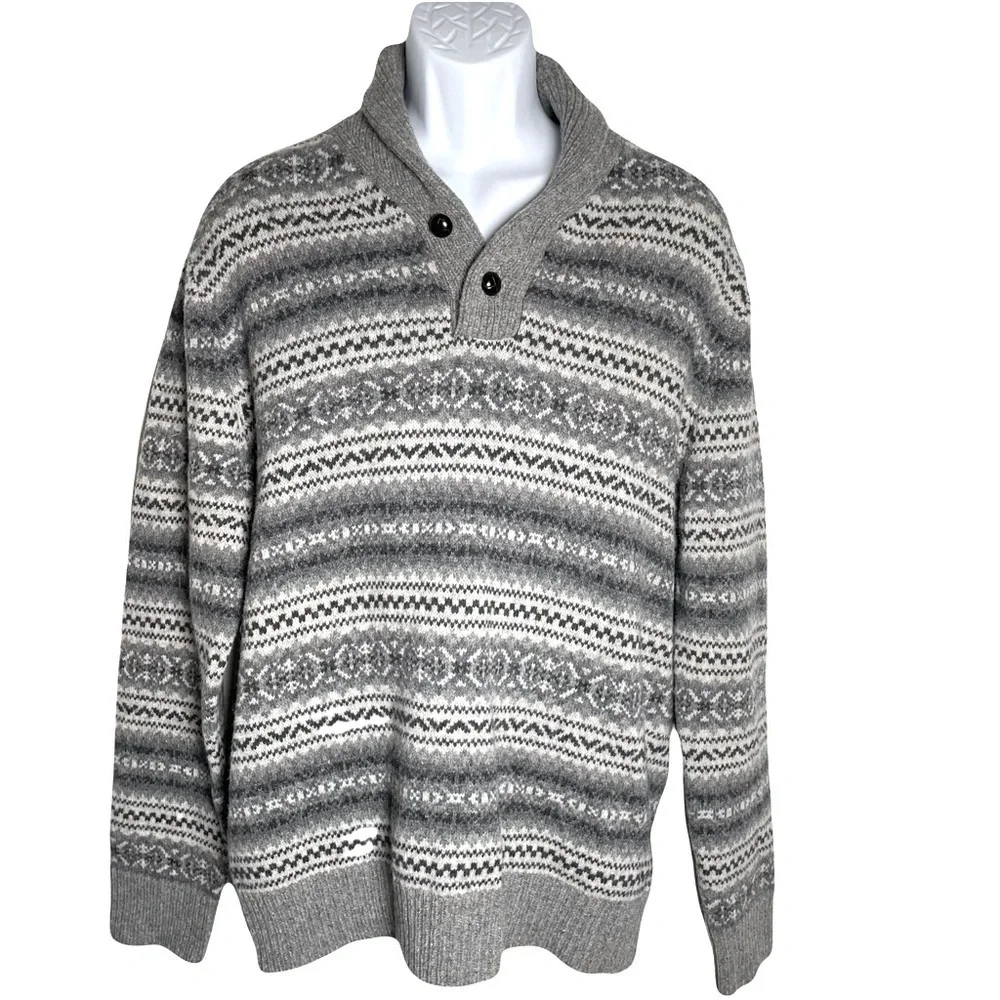J. Crew Men’s Gray Shawl Collar 100% Lambswool Sweater with Nordic Pattern L